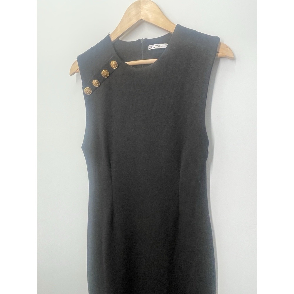 Zara Black Gold Button Midi Dress Womens Size Large Bodycon Dress - Picture 4 of 10